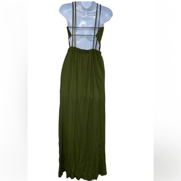 Lulu's Lost in Paradise Green Maxi Dress V-Neck Pleated Sundress - Picture 4 of 8